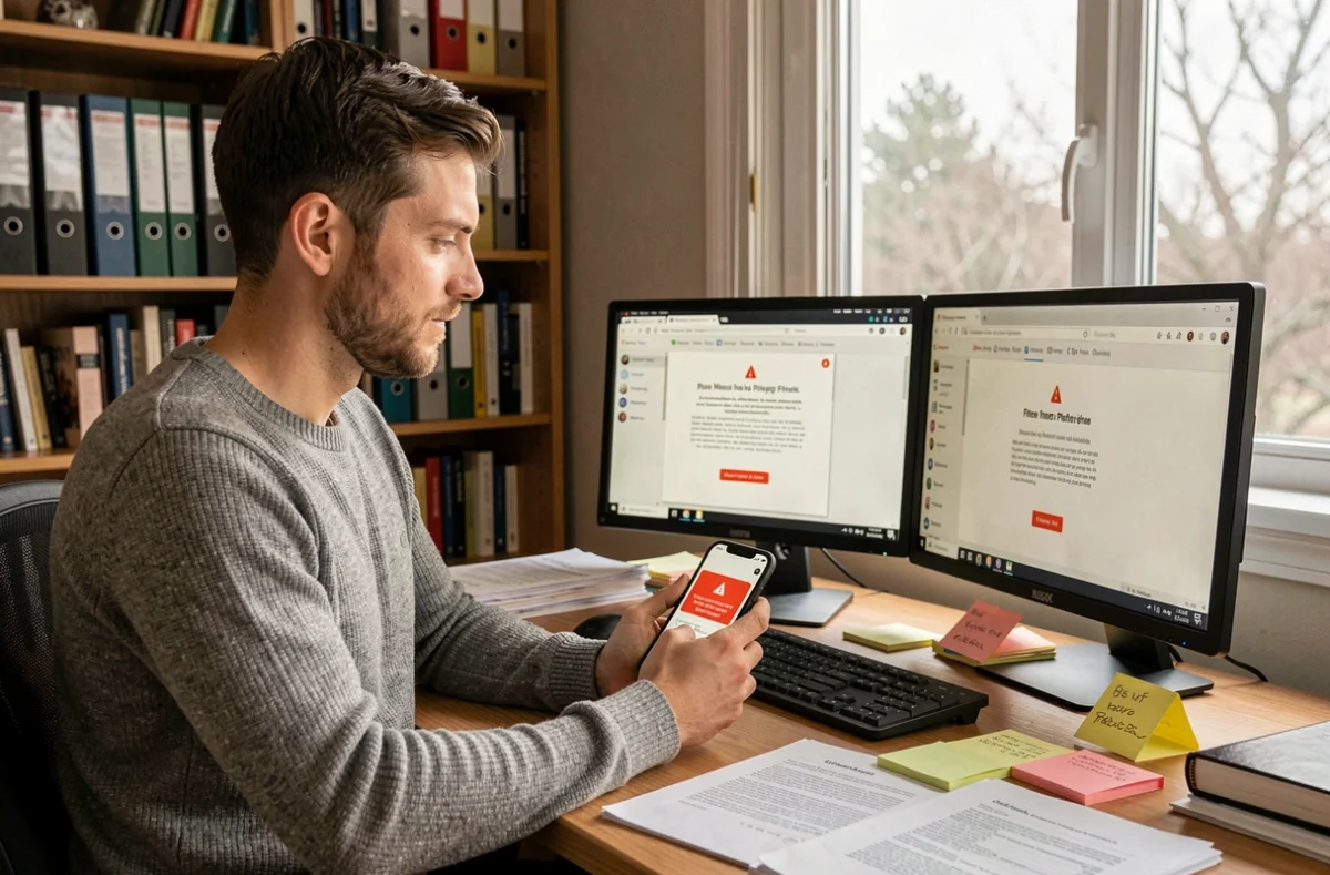 Homme en télétravail comparant un vrai site de connexion et un faux site frauduleux sur ses écrans pour identifier une tentative d'arnaque