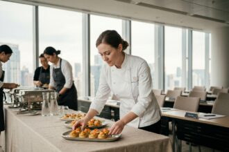 Traiteur d'entreprise préparant un buffet élégant dans une salle de séminaire moderne avec vue urbaine