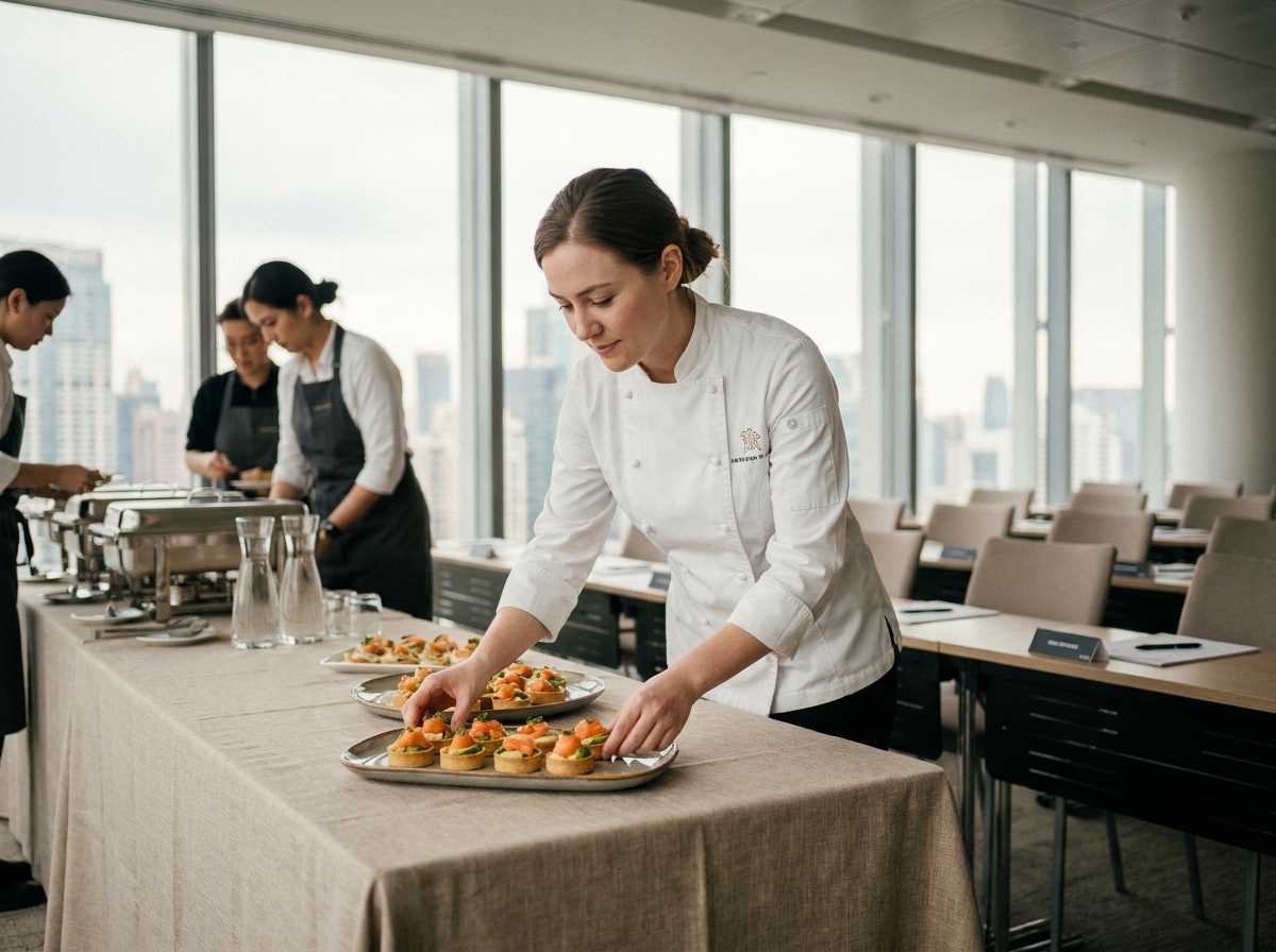 Traiteur d'entreprise préparant un buffet élégant dans une salle de séminaire moderne avec vue urbaine