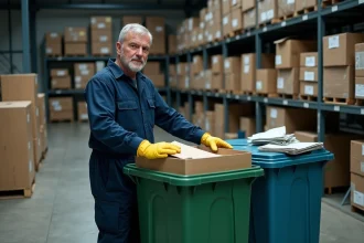 Employé d'entrepôt triant des équipements de bureau dans des bacs de recyclage lors d'un débarras d'entreprise