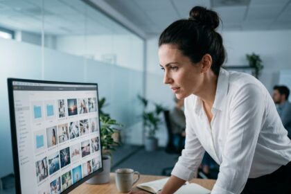 Une professionnelle en entreprise naviguant dans une photothèque numérique sur un grand écran de bureau