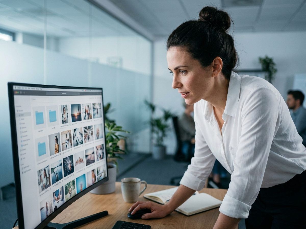 Une professionnelle en entreprise naviguant dans une photothèque numérique sur un grand écran de bureau