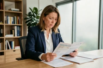 Femme cadre consultant ses fiches de paie pour vérifier les cotisations Urssaf ou MSA de son employeur