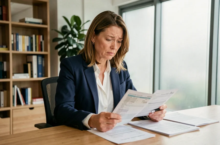 Femme cadre consultant ses fiches de paie pour vérifier les cotisations Urssaf ou MSA de son employeur