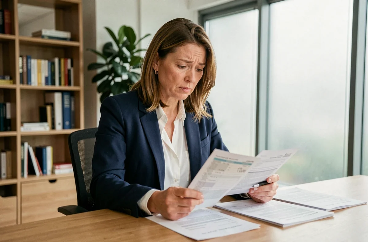 Femme cadre consultant ses fiches de paie pour vérifier les cotisations Urssaf ou MSA de son employeur
