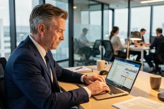 Homme d'affaires analysant la solvabilité d'un client sur un ordinateur portable avant de signer un contrat commercial