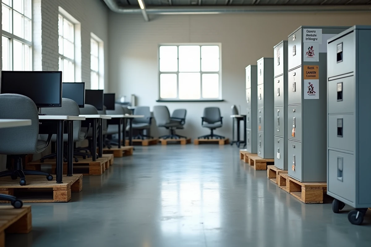 Zone de tri et de revente de mobilier de bureau recyclé dans un espace de débarras d'entreprise organisé